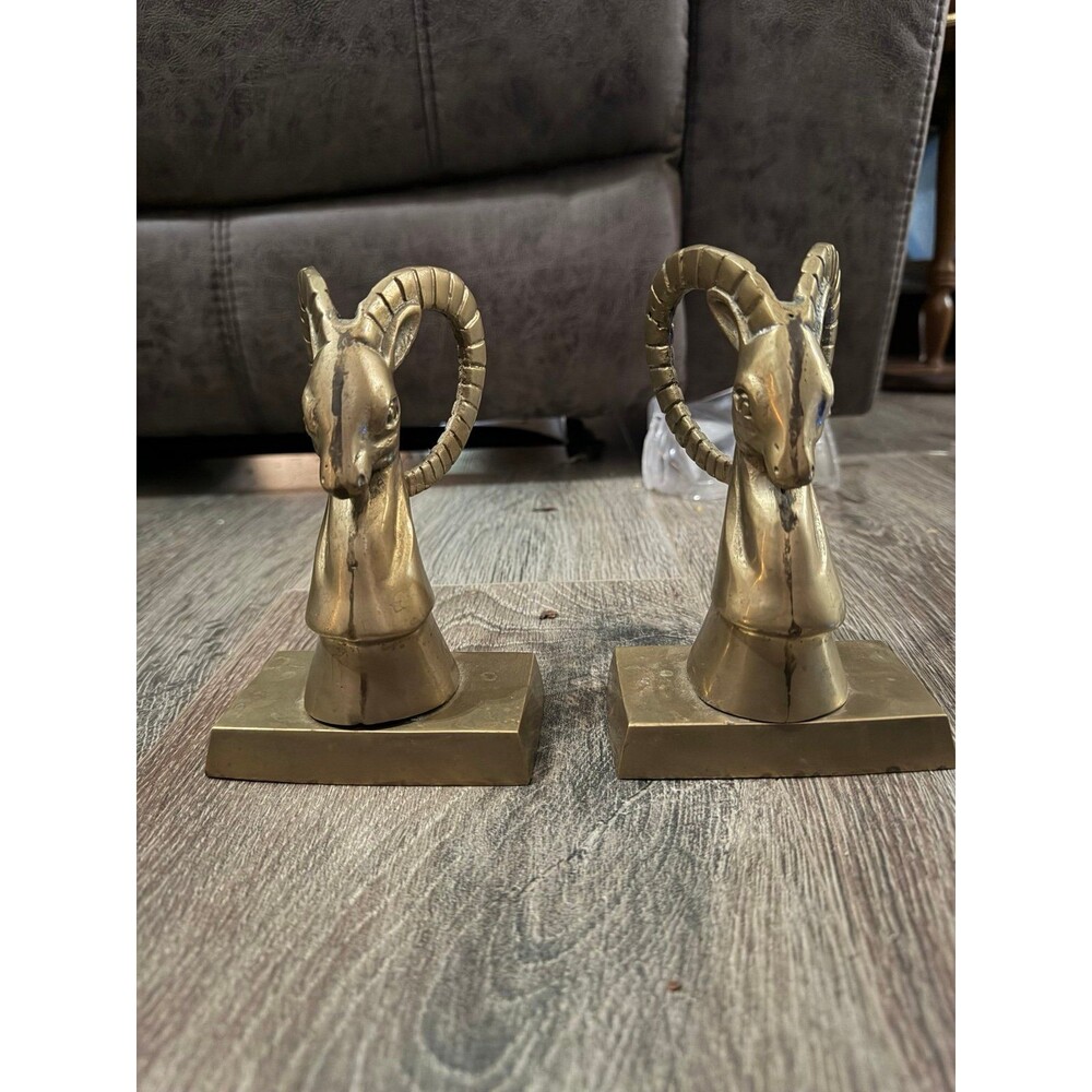 Vintage Brass Ram Head Bookends Pair